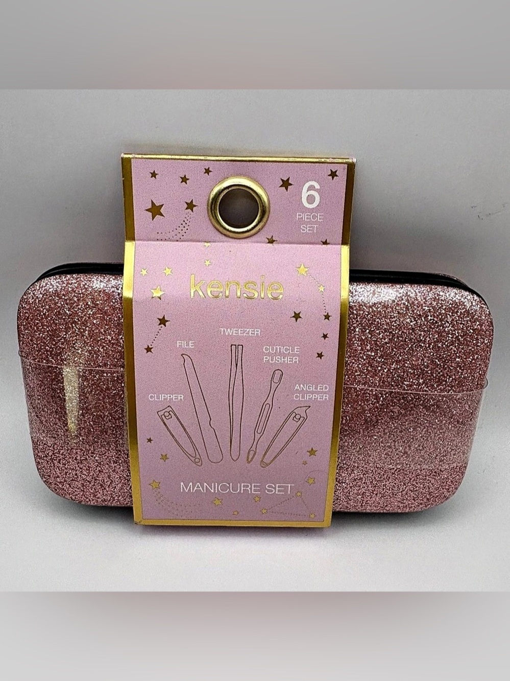 FACTORY SEALED Kensie 6 Piece Manicure Set Pink Glitter Case Snap Closure BNWT
